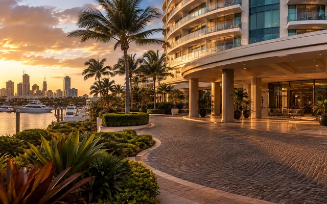 Grand Gold Coast luxury hotel entrance and marina
