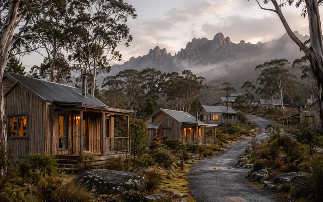 Timber cabins in eucalypt forest near Cradle Mountain