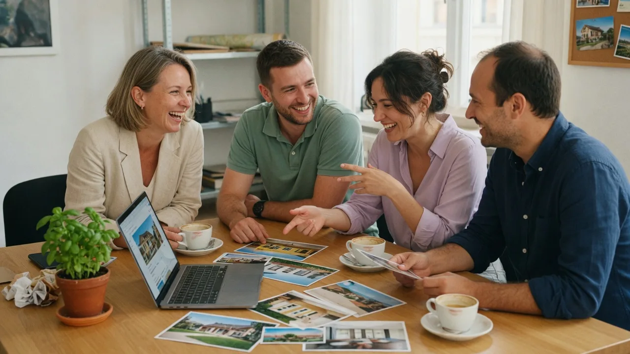 Four members of the UkrRentService team laughing together around a table of property photos and a laptop