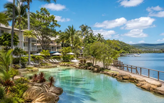 Noosa family resort lagoon pool and river setting