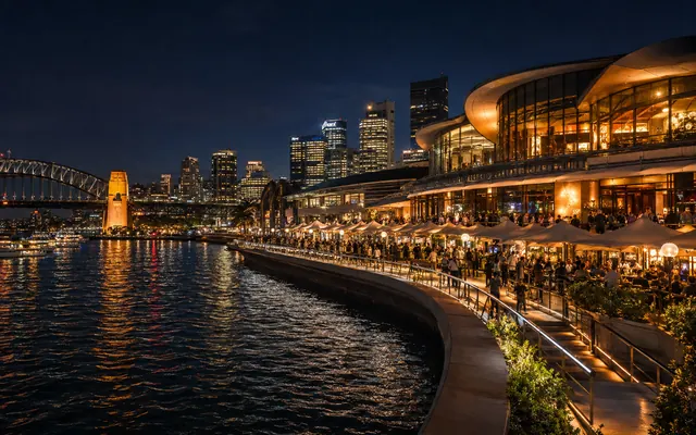 The Star Sydney's theatre and dining precinct lit up at night