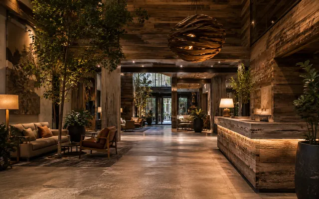 The reclaimed-timber lobby interior of Ovolo Nishi in Canberra