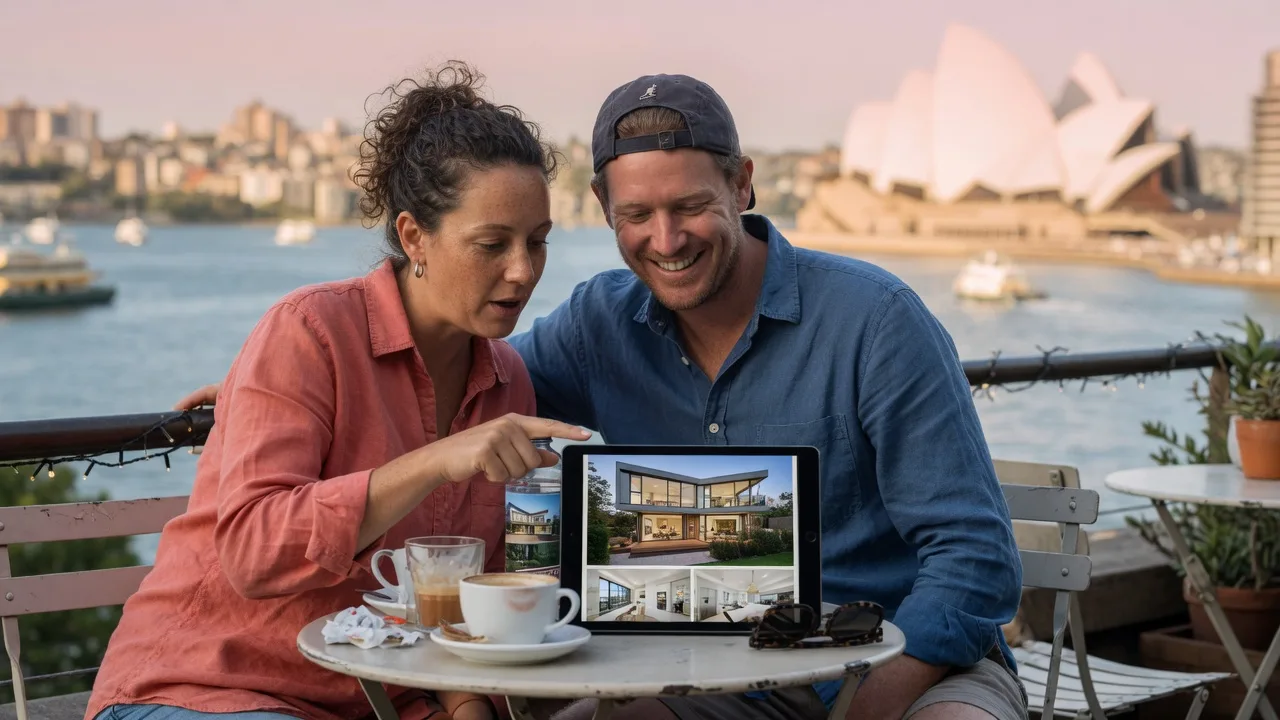 Two travellers at a Sydney Harbour cafe looking together at property listing photos on a tablet