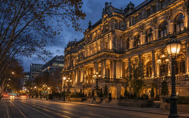 The Victorian-era grand facade of The Hotel Windsor on Spring Street, Melbourne