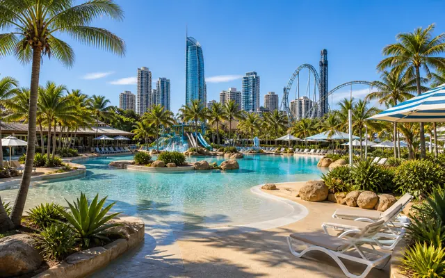 Gold Coast family resort pool complex with palms