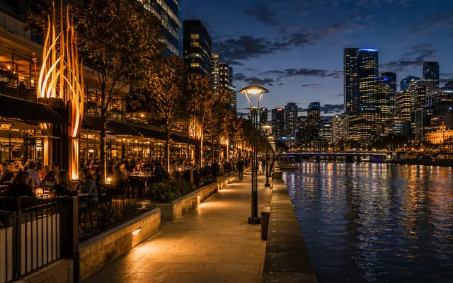 Crown Melbourne's riverside dining strip at night