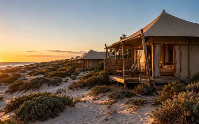 Safari-style eco tents behind Ningaloo Reef's dunes