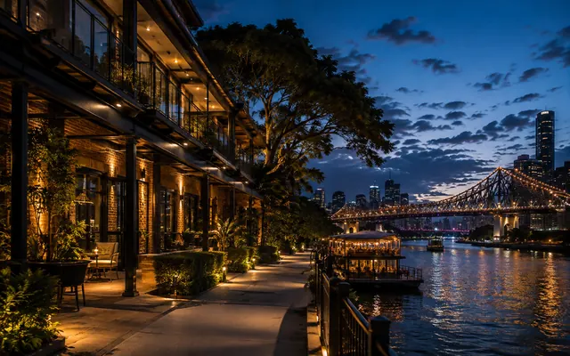The riverside exterior of The Fantauzzo hotel at Howard Smith Wharves, Brisbane