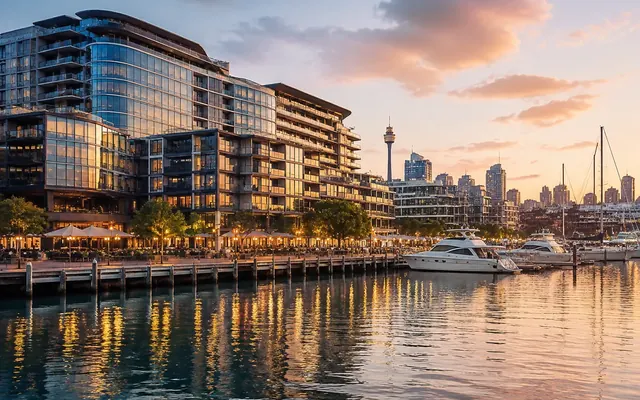 The Star Sydney's tower and harbourside plaza at dusk
