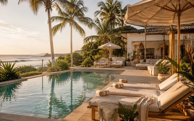 Coastal-chic boutique hotel pool and lounge
