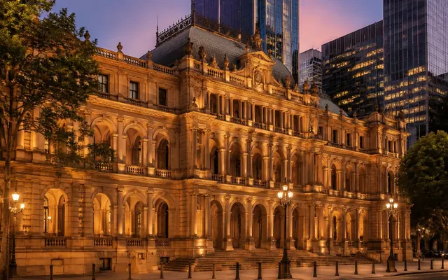 The heritage sandstone facade of Brisbane's Treasury Building