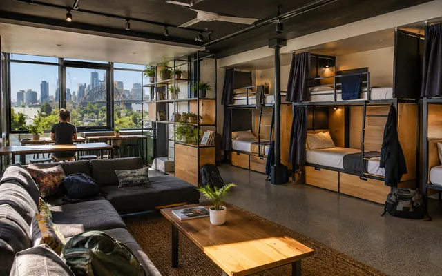 Modern Sydney hostel dorm rooms and common lounge