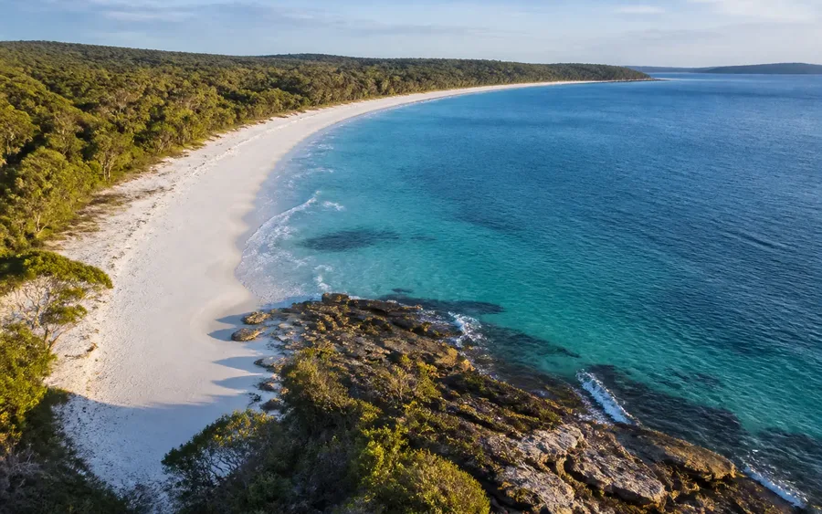 White sand and blue water curving around Jervis Bay beneath native forest
